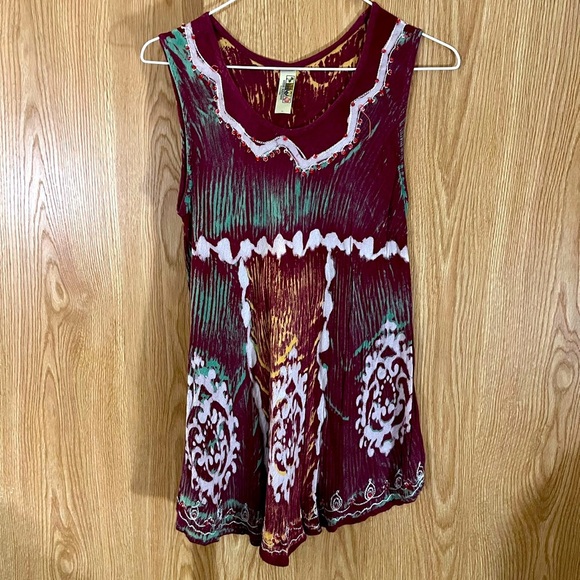 Maroon Beaded Sequined Embroidered Sleeveless Swing Linen X-Long Top - Picture 2 of 9